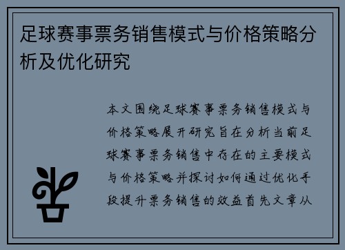 足球赛事票务销售模式与价格策略分析及优化研究