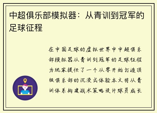 中超俱乐部模拟器：从青训到冠军的足球征程